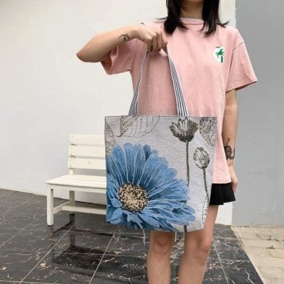 Blue Peony Flower Beige Large Tote Book PC Bohemian Style Canvas Beach Bag