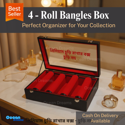 Premium 4 Roll Bangle Organizer Box – Velvet Interior & Glass Top (Red)